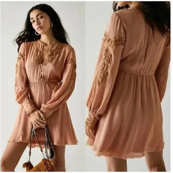 FREE PEOPLE One Paige Mini Dress Sand Sable Peach {3P36} - Picture 1 of 5